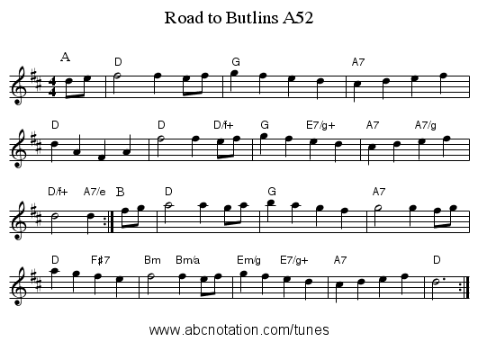 Road to Butlins A52 - staff notation