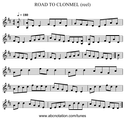 ROAD TO CLONMEL (reel) - staff notation