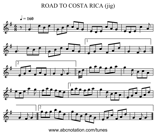 ROAD TO COSTA RICA (jig) - staff notation