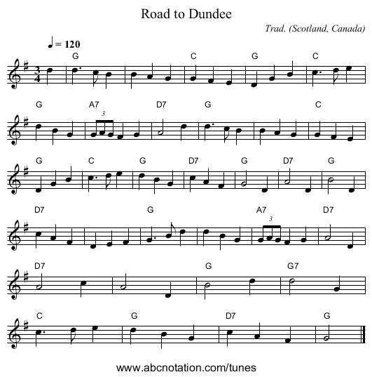 Road to Dundee - staff notation