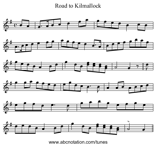 Road to Kilmallock - staff notation