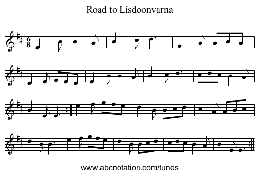 Road to Lisdoonvarna - staff notation