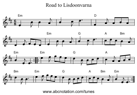 Road to Lisdoonvarna - staff notation