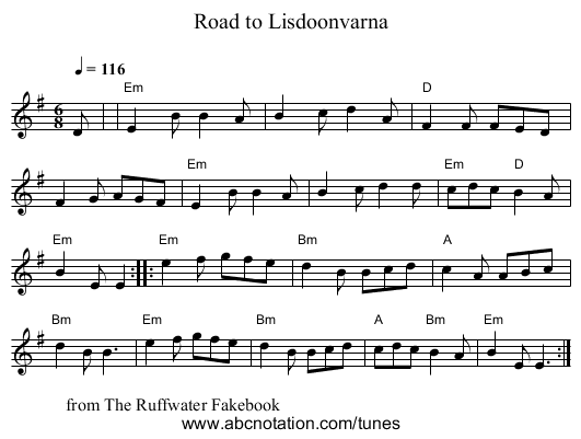 Road to Lisdoonvarna - staff notation