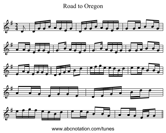 Road to Oregon - staff notation