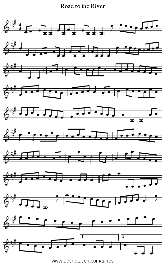 Road to the River - staff notation