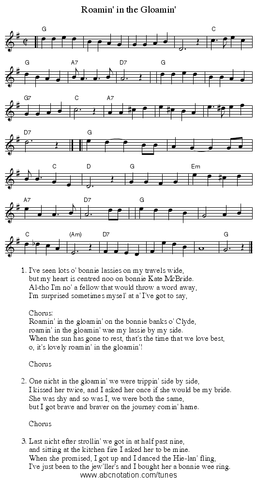 Roamin' in the Gloamin' - staff notation