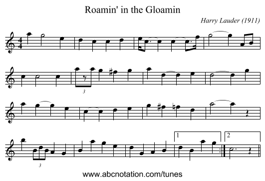Roamin' in the Gloamin - staff notation