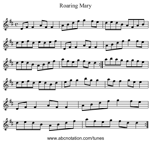 Roaring Mary - staff notation