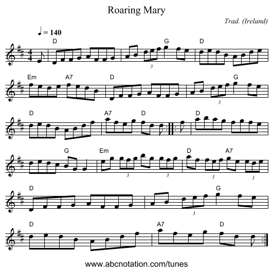 Roaring Mary - staff notation