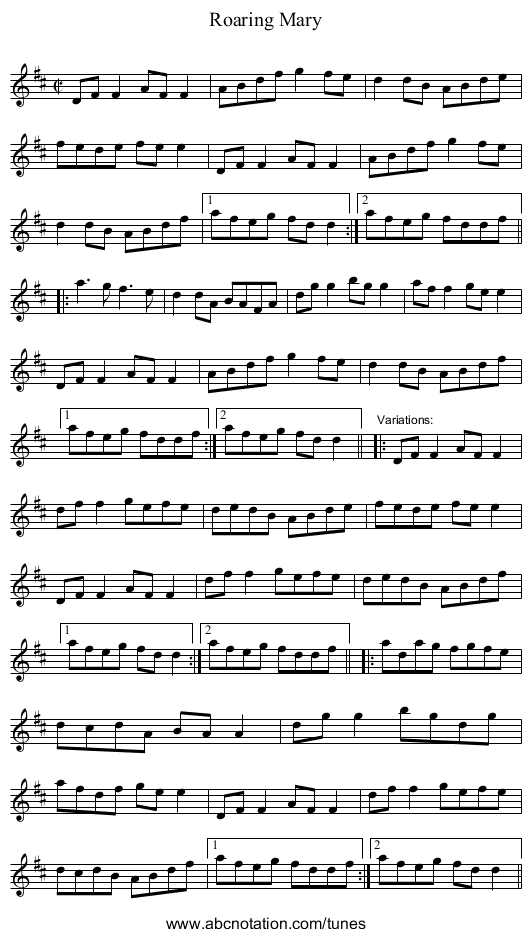 Roaring Mary - staff notation