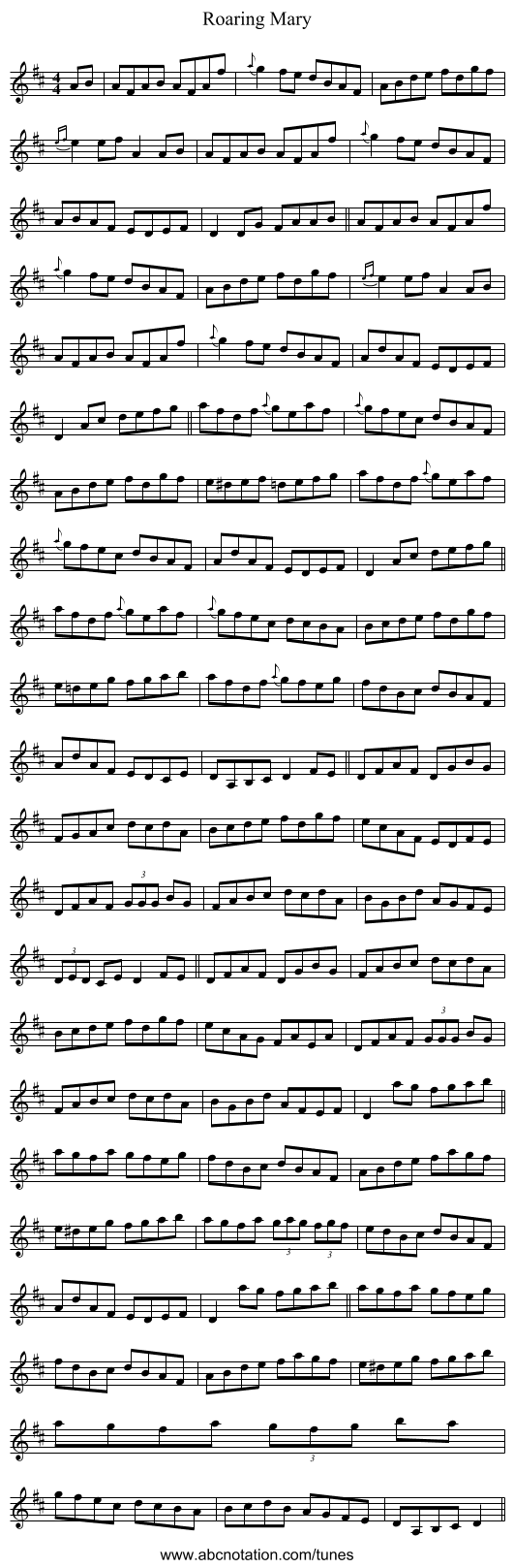 Roaring Mary - staff notation