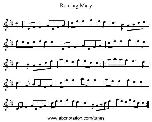 Roaring Mary - staff notation
