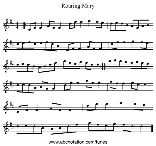 Roaring Mary - staff notation