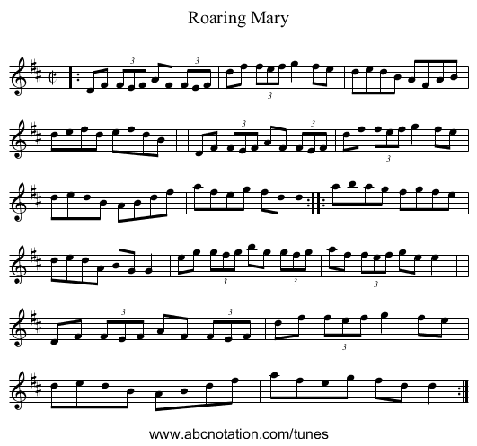 Roaring Mary - staff notation