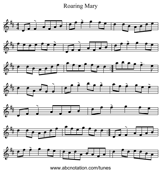 Roaring Mary - staff notation
