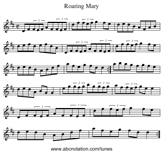 Roaring Mary - staff notation
