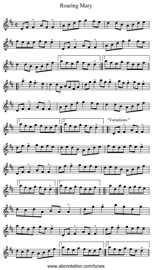Roaring Mary - staff notation