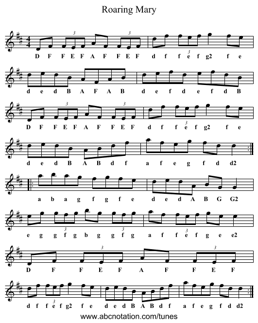 Roaring Mary - staff notation
