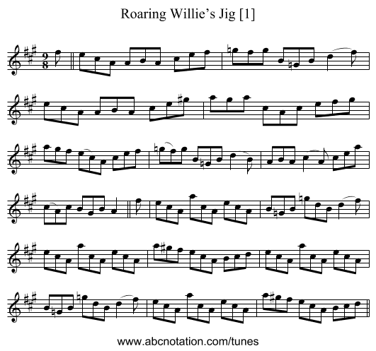 Roaring Willie’s Jig [1] - staff notation