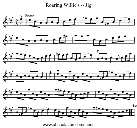 Roaring Willie's -- Jig - staff notation