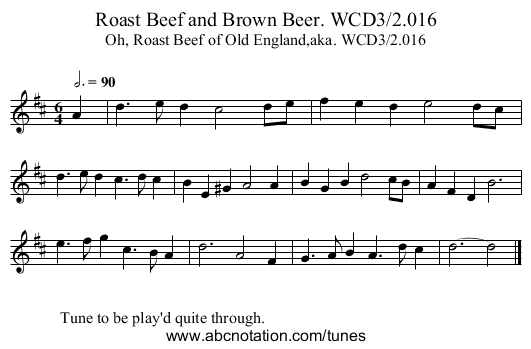 Roast Beef and Brown Beer. WCD3/2.016 - staff notation