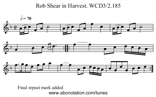 Rob Shear in Harvest. WCD3/2.185 - staff notation