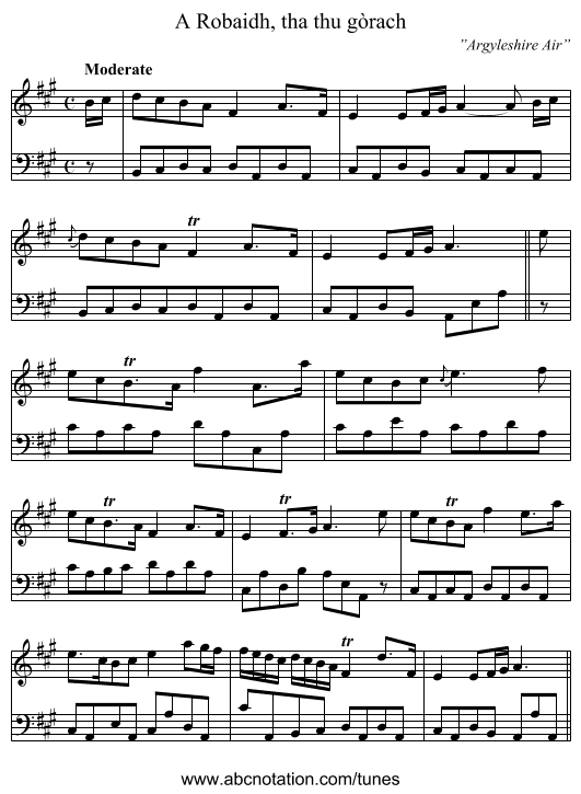 Robaidh, tha thu gòrach, A - staff notation
