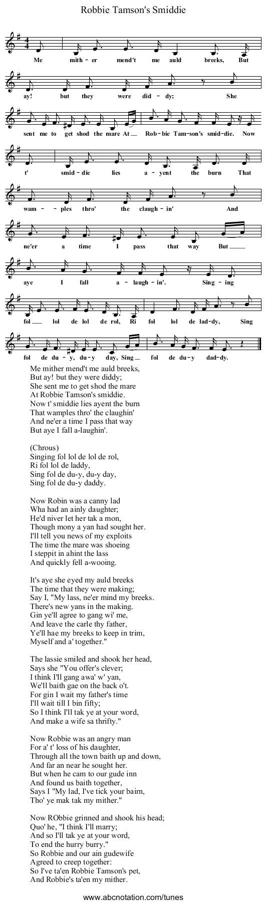 Robbie Tamson's Smiddie - staff notation