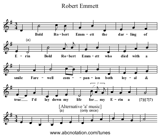 Robert Emmett - staff notation