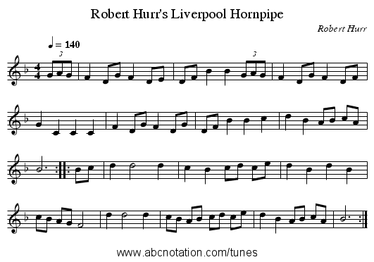 Robert Hurr's Liverpool Hornpipe - staff notation