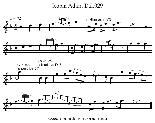 Robin Adair. Dal.029 - staff notation