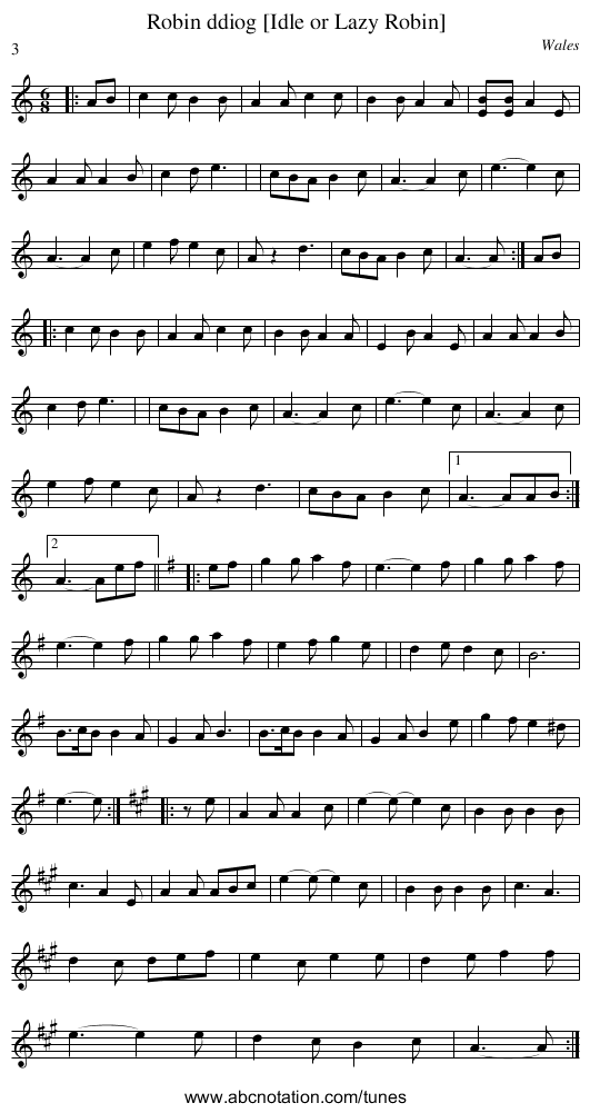 Robin ddiog [Idle or Lazy Robin] - staff notation