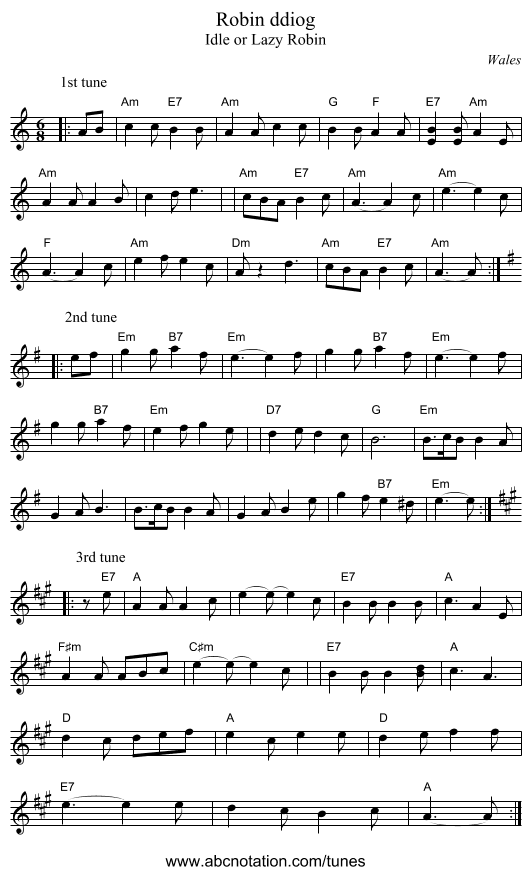Robin ddiog - staff notation