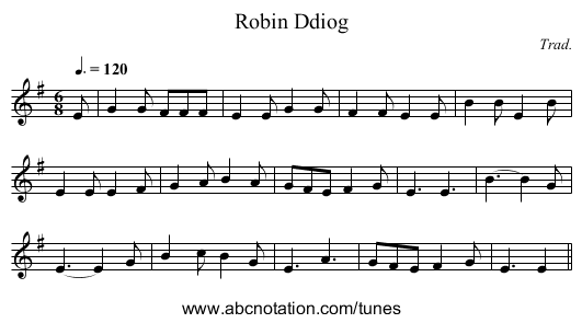 Robin Ddiog - staff notation