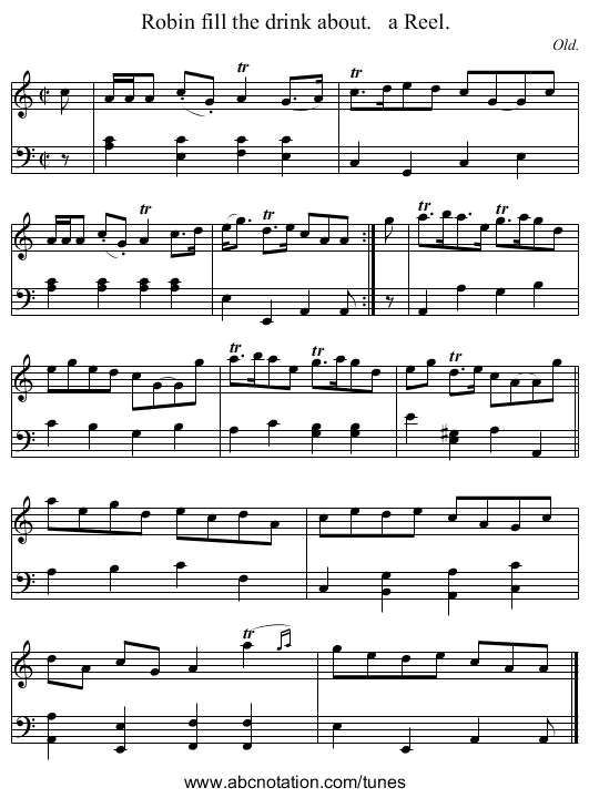 Robin fill the drink about.   a Reel. - staff notation