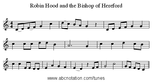 Robin Hood and the Bishop of Hereford - staff notation