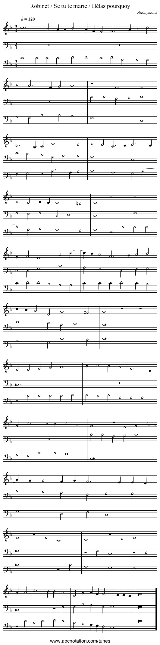Robinet / Se tu te marie / H&eacute;las pourquoy - staff notation