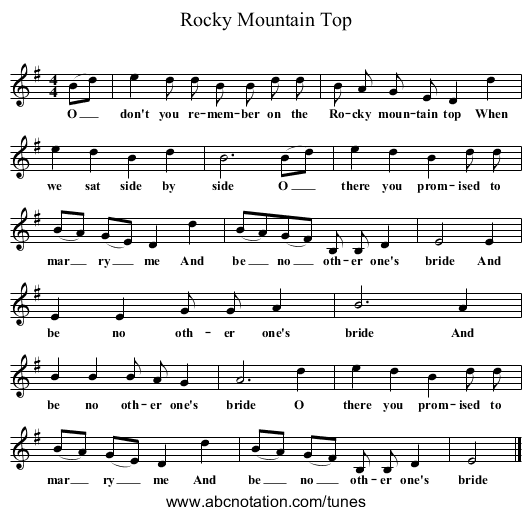 Rocky Mountain Top - staff notation