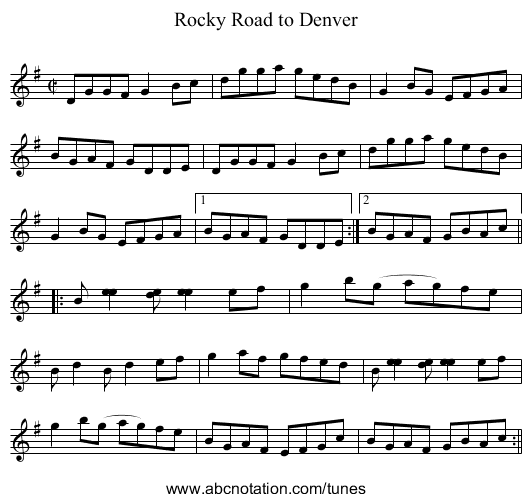 Rocky Road to Denver - staff notation