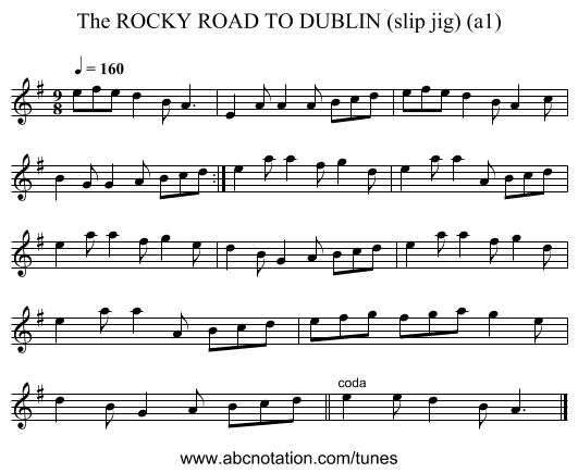 ROCKY ROAD TO DUBLIN (slip jig) (a1), The - staff notation