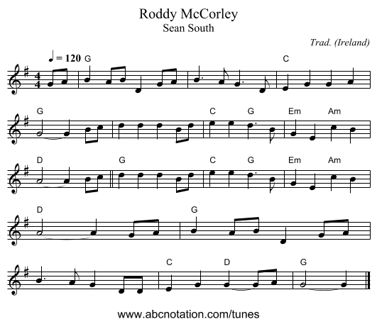 Roddy McCorley - staff notation