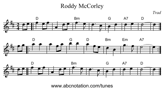 Roddy McCorley - staff notation