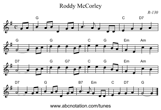 Roddy McCorley - staff notation