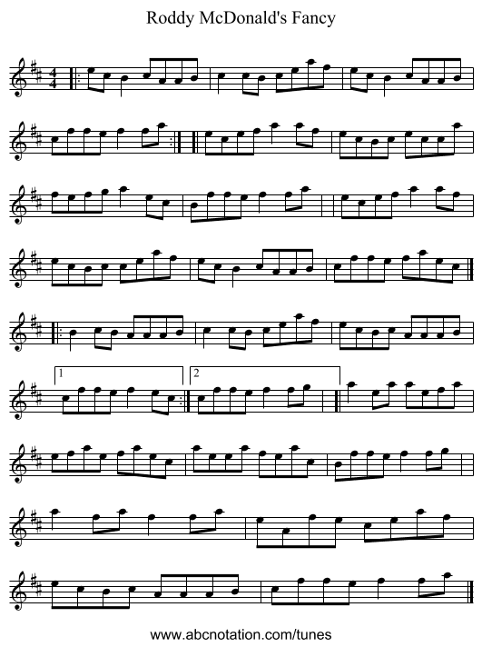 Roddy McDonald's Fancy - staff notation