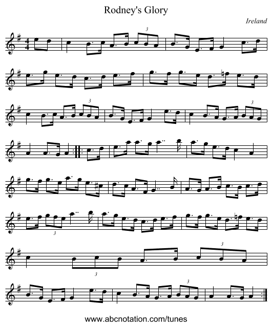Rodney's Glory - staff notation