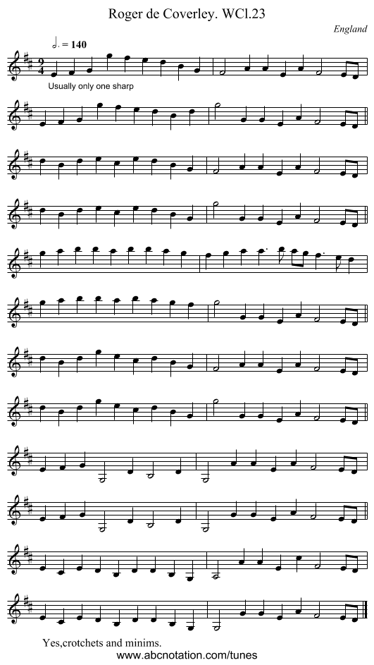 Roger de Coverley. WCl.23 - staff notation