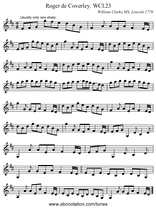 Roger de Coverley. WCl.23 - staff notation