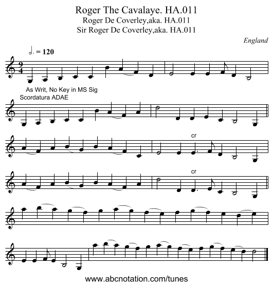 Roger The Cavalaye. HA.011 - staff notation