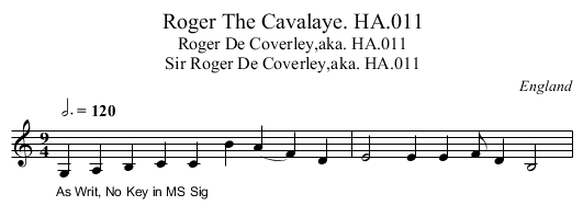 Roger The Cavalaye. HA.011 - staff notation